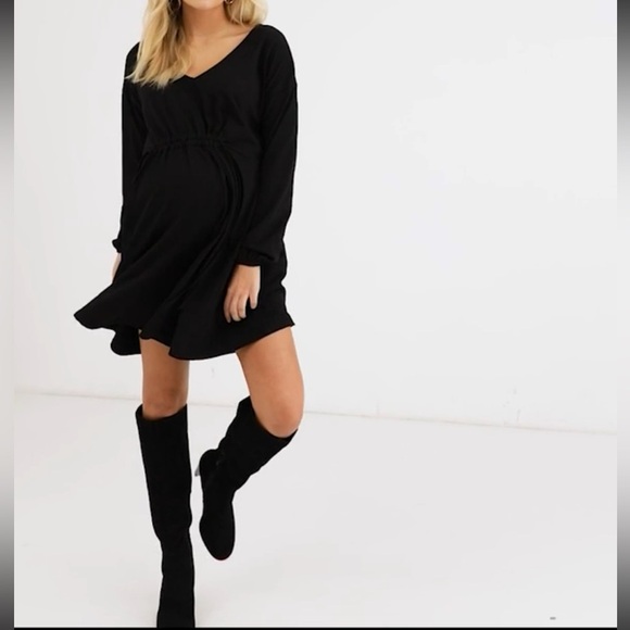 ASOS DESIGN Maternity Long Sleeve V Neckline Smock Black Dress drawstring Tie 8 - Picture 6 of 12